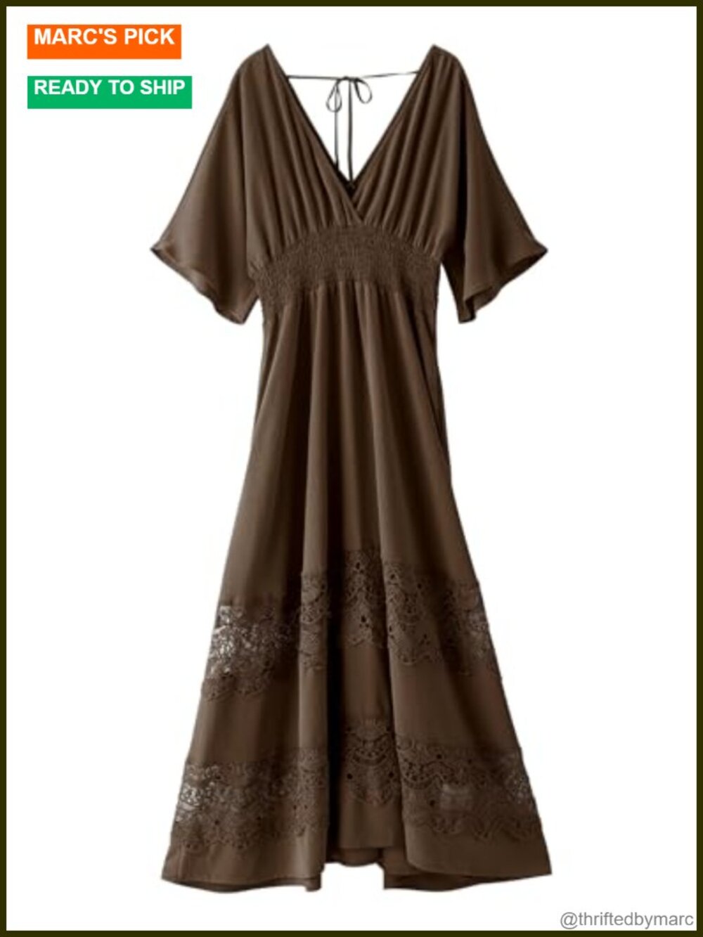 Boho Maxi Dress V Neck Short Sleeve Lace Smocked Waist Flowy Dress